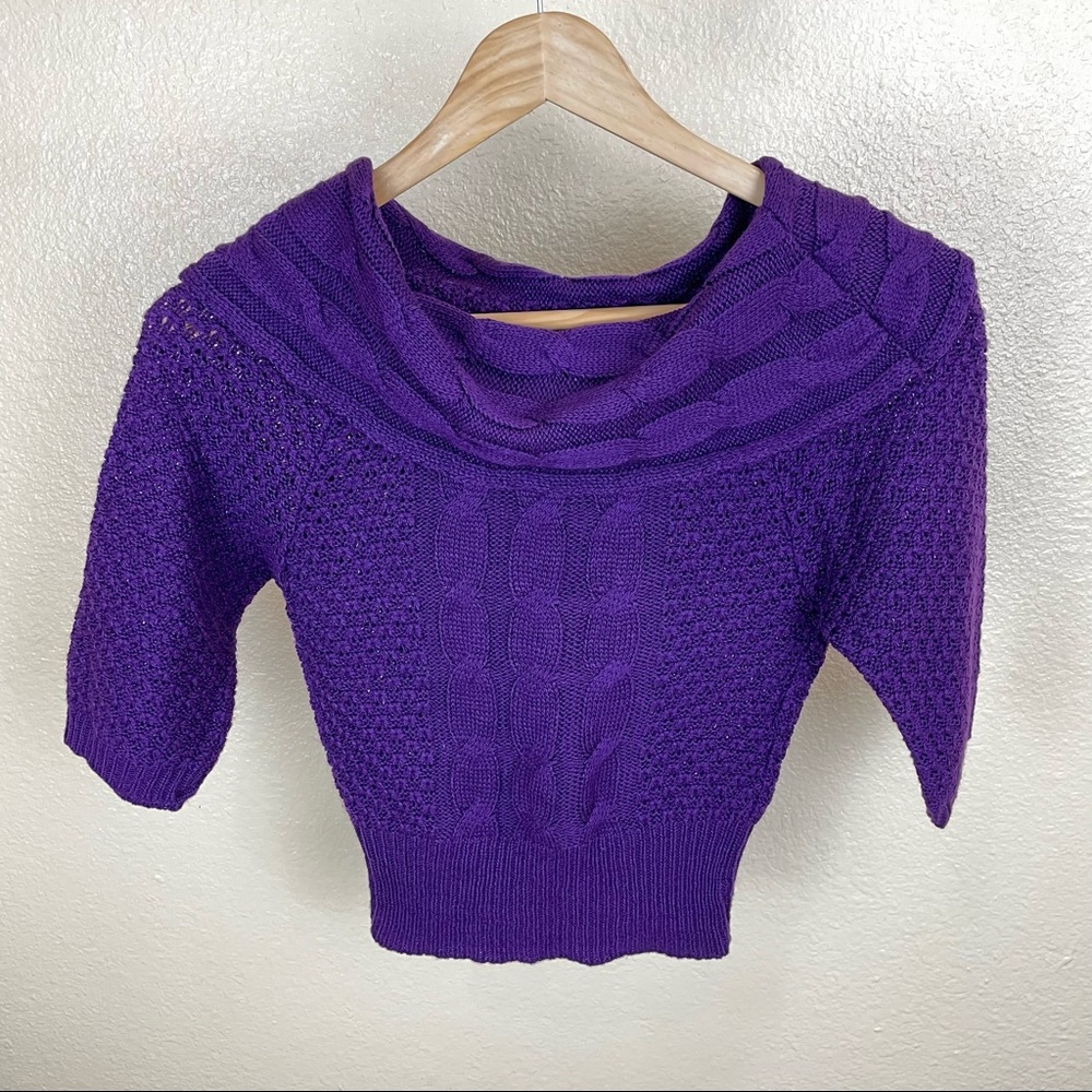 Demanding | Vintage Knit Purple Turtleneck Short Sleeve Crop Top